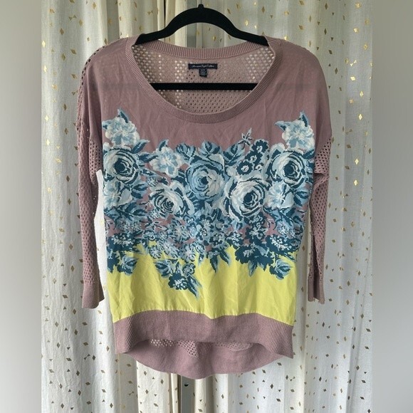 American Eagle Outfitter Silk Blend Floral Pointelle Knit Mix Media Sweater XS - Picture 2 of 5